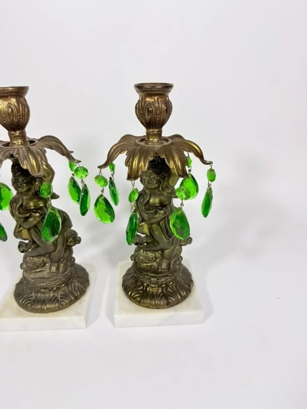 Candle Holders Bronze color Cherub Pair Set 2 Candleabra Italian Marble Bases It